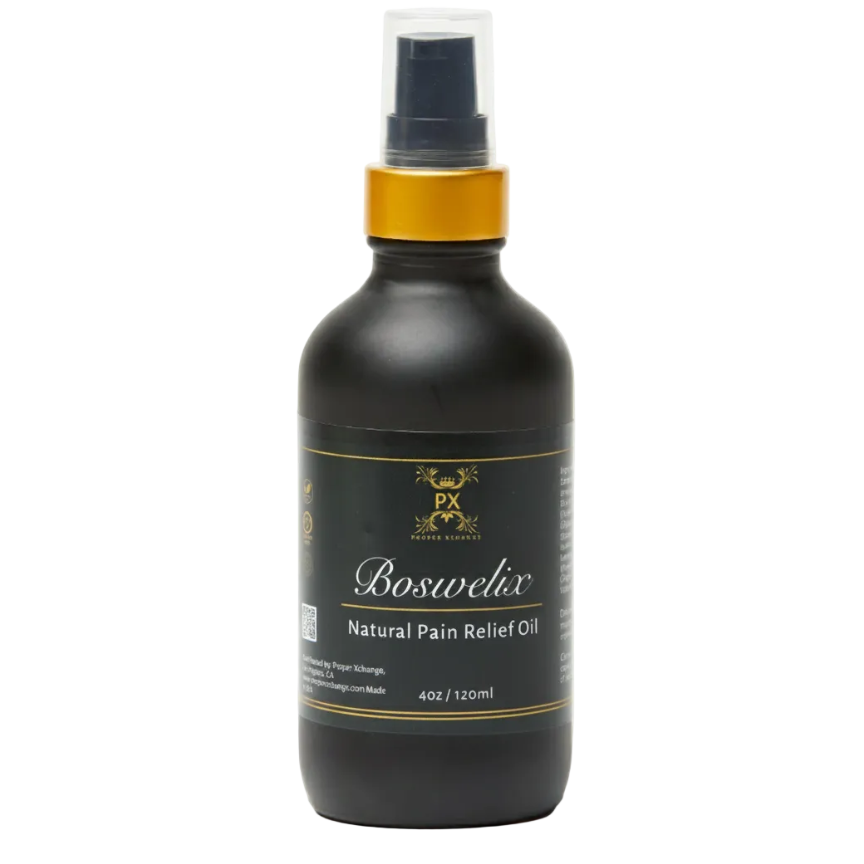 Black bottle of Boswellia natural pain relief oil with gold cap on a white background