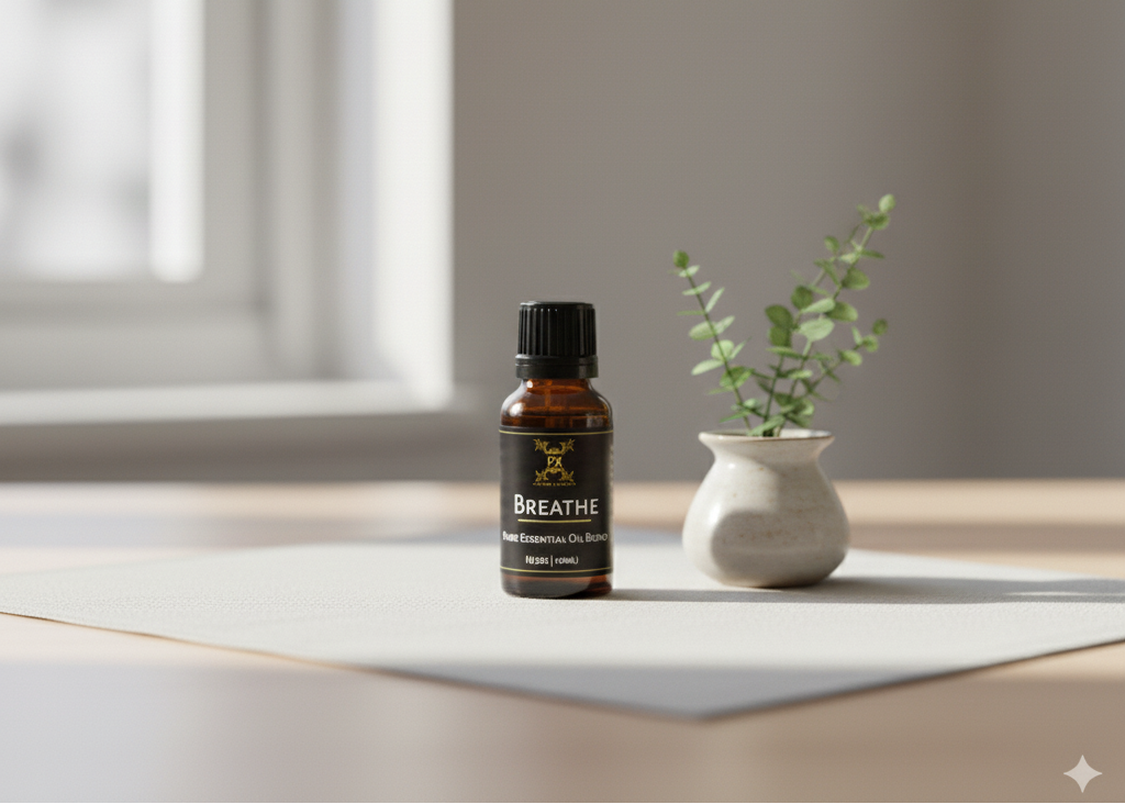 Bottle of 'Breathe' essential oil on a windowsill with a small plant.