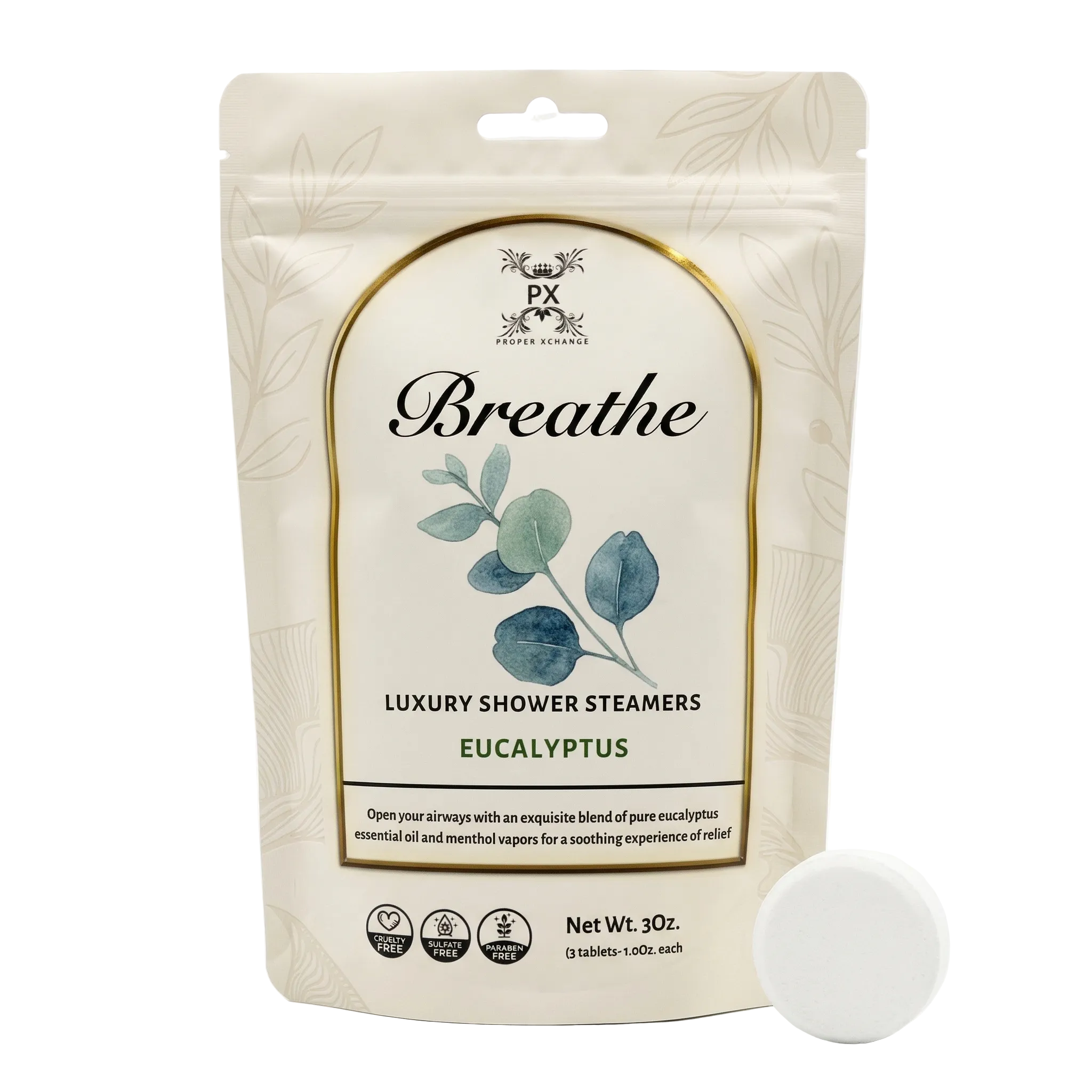 Packaging of Breathe luxury shower steamers with eucalyptus flavor on a white background.