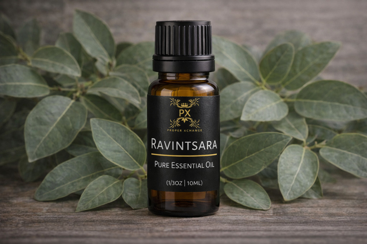PX Ravintsara pure essential oil bottle with green leaves in the background