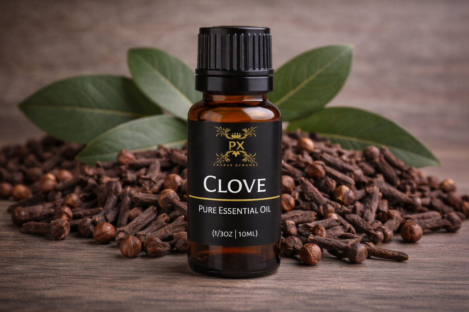PX Clove pure essential oil bottle with cloves and leaves on a wooden surface
