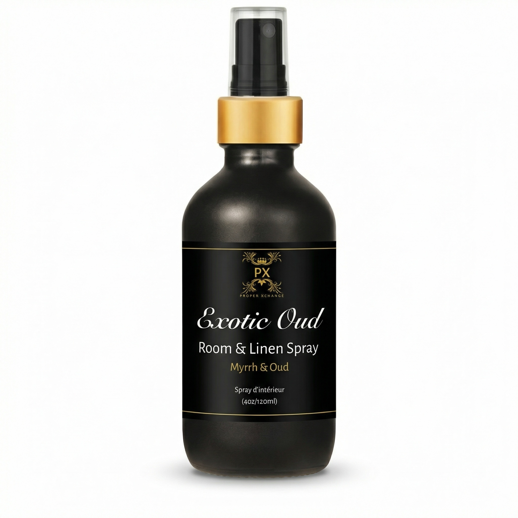 Black room and linen spray bottle with gold cap on a white background