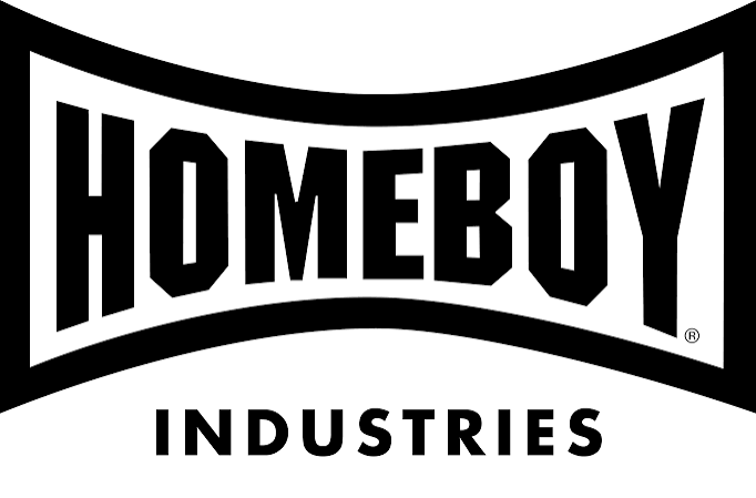 Black and white Homeboy Industries logo with bold lettering on a white background.