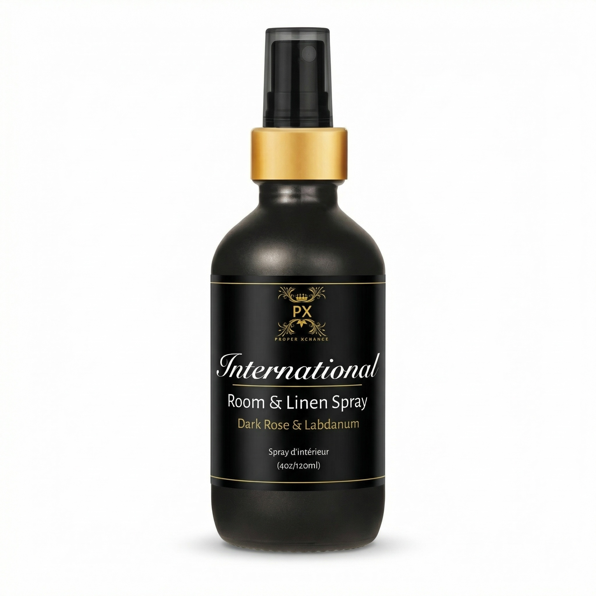 Black room and linen spray bottle with gold cap on a white background