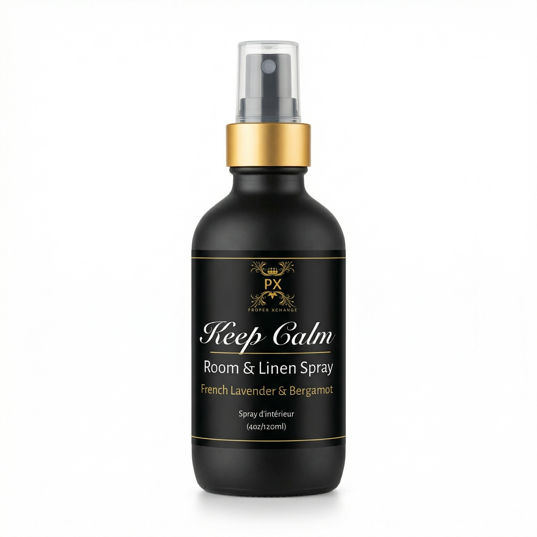 Black room & linen spray bottle with gold cap on a white background