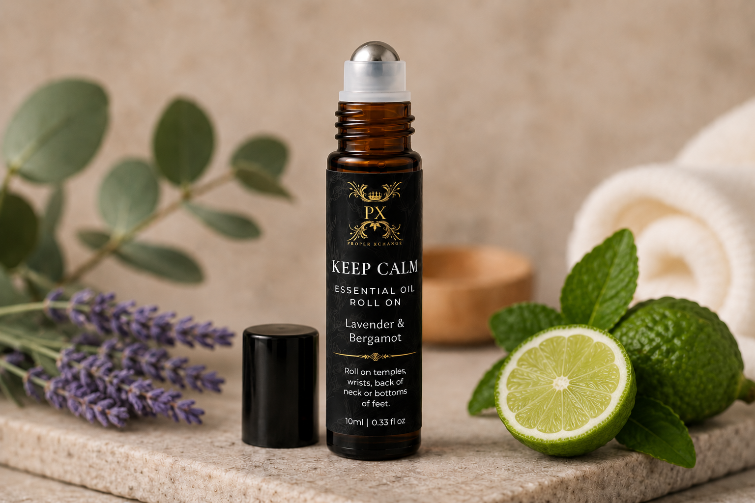A bottle of PX Cosmetics 'Keep Calm' essential oil roll-on with lavender and bergamot, shown with its cap off on a stone surface surrounded by lavender, limes, mint, and a rolled towel.