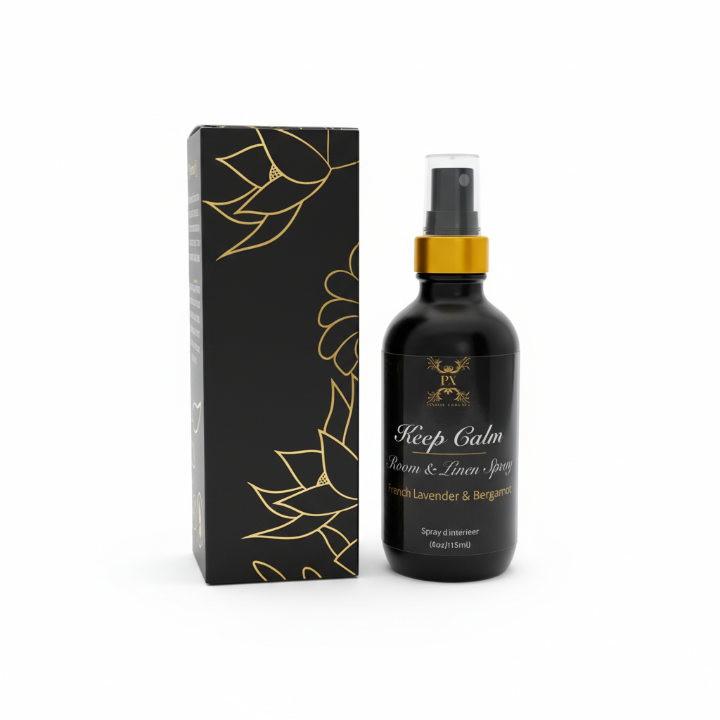 Black bottle and packaging of 'Keep Calm' room and linen spray with gold accents on a white background