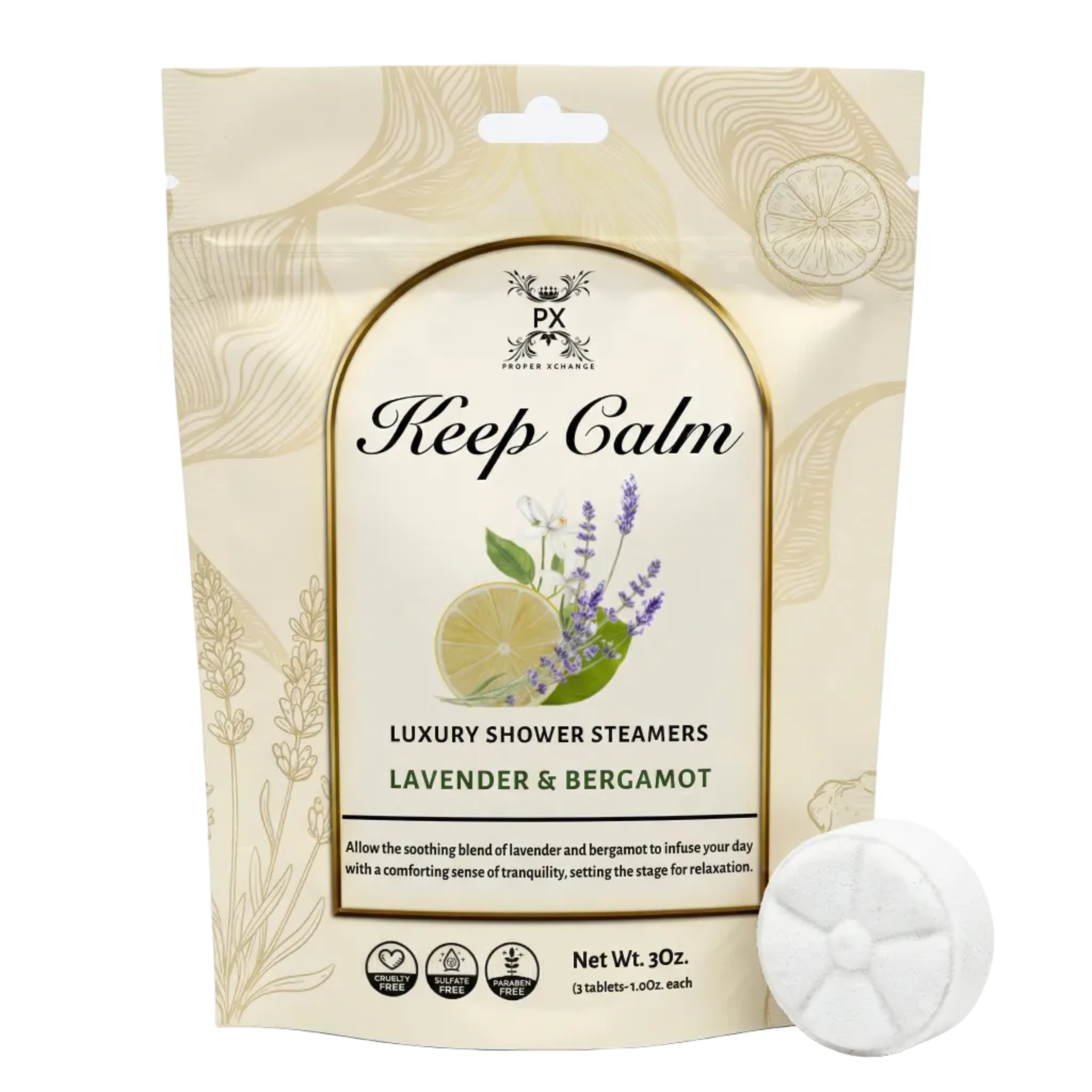 Luxury shower steamers packaging with lavender and bergamot on a white background