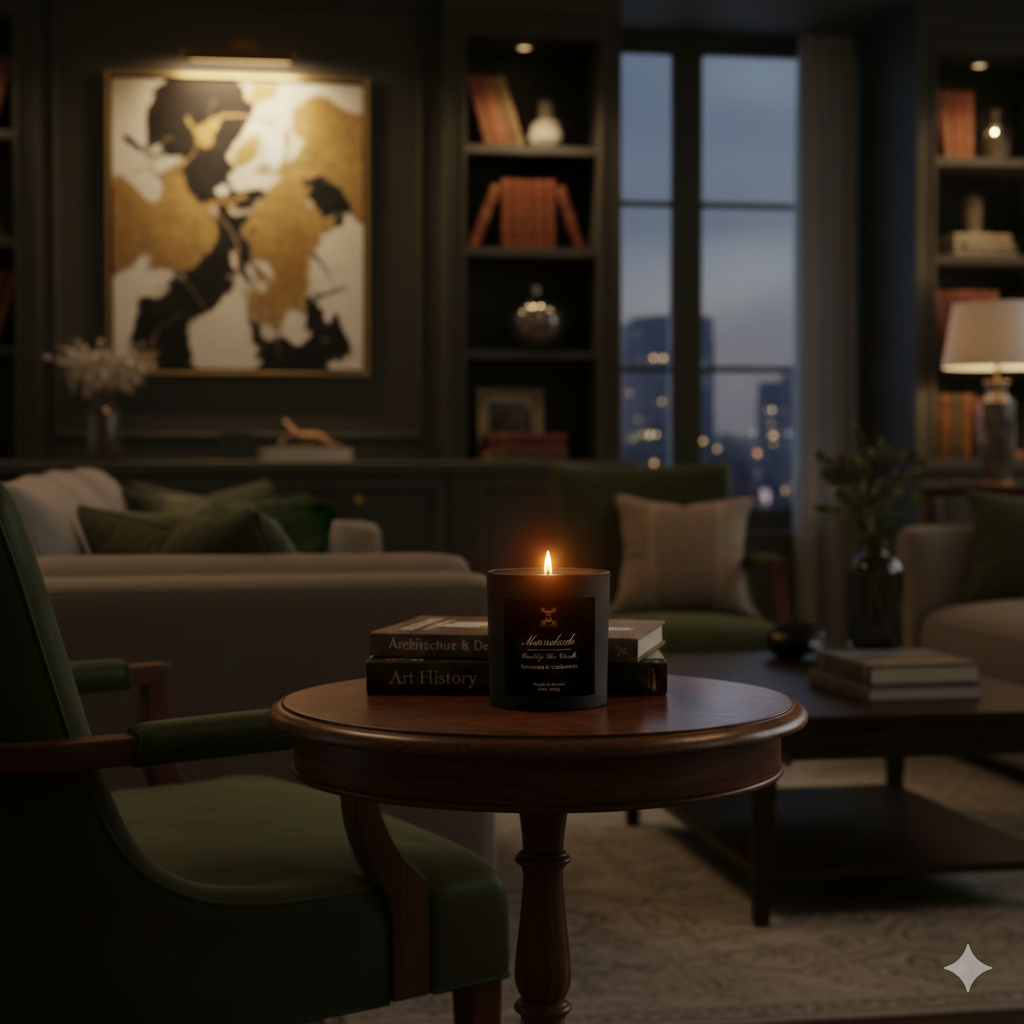 Cozy living room with a lit candle on a table, books, and cityscape view.