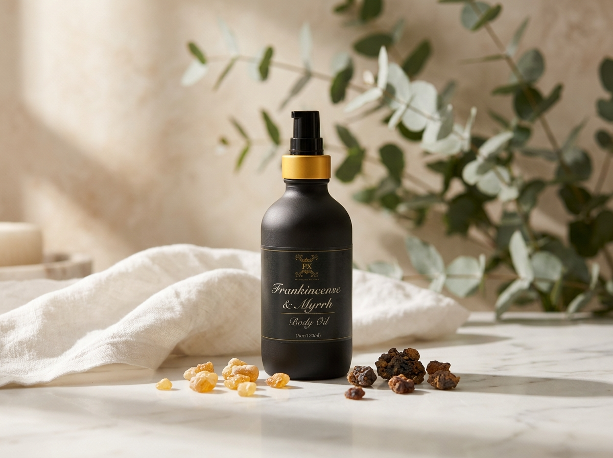 Black bottle with gold cap on a marble surface with dried fruits and a white cloth, against a blurred green plant background.