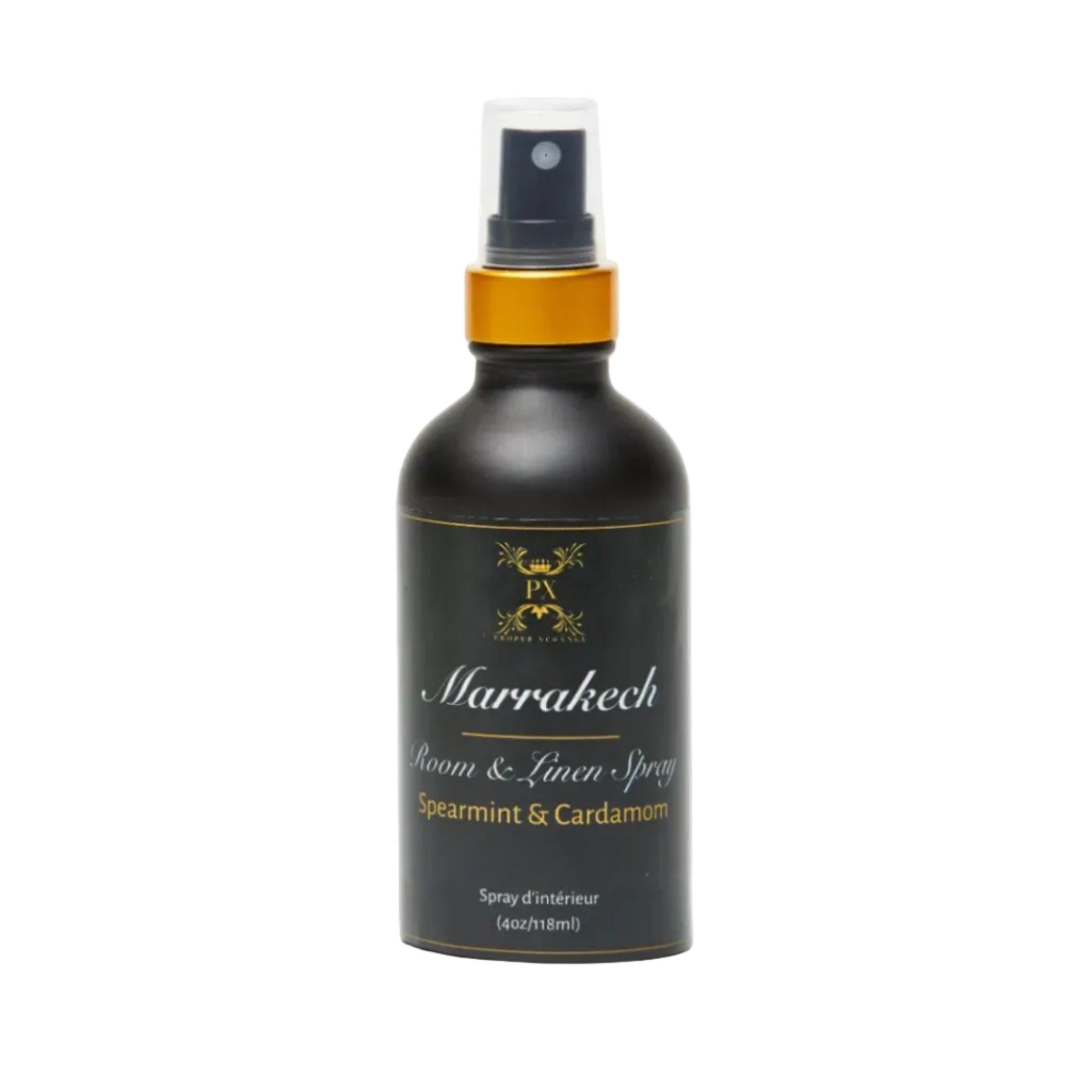 Black spray bottle labeled 'Marrakech' with gold accents on a white background