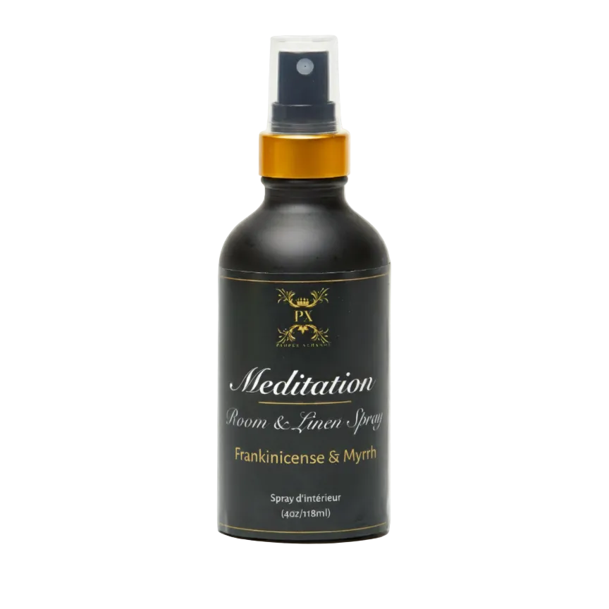 Room spray bottle labeled 'Meditation' with frankincense and myrrh on a white background