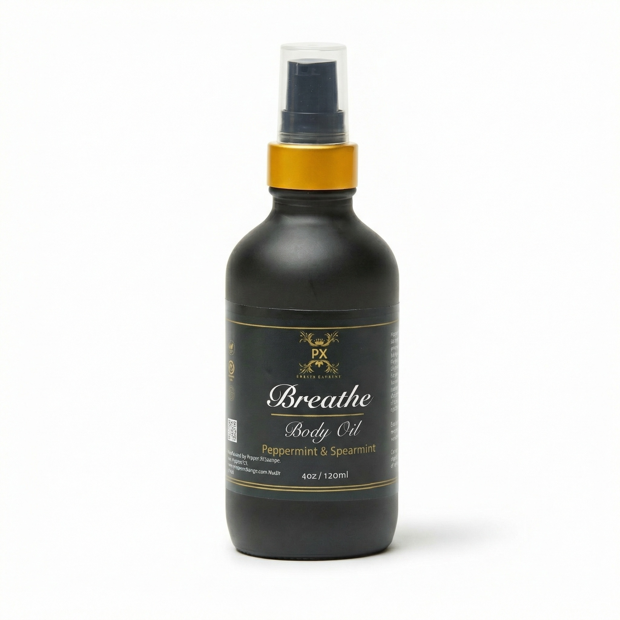 Black bottle of 'Breathe' body oil with gold cap on a white background