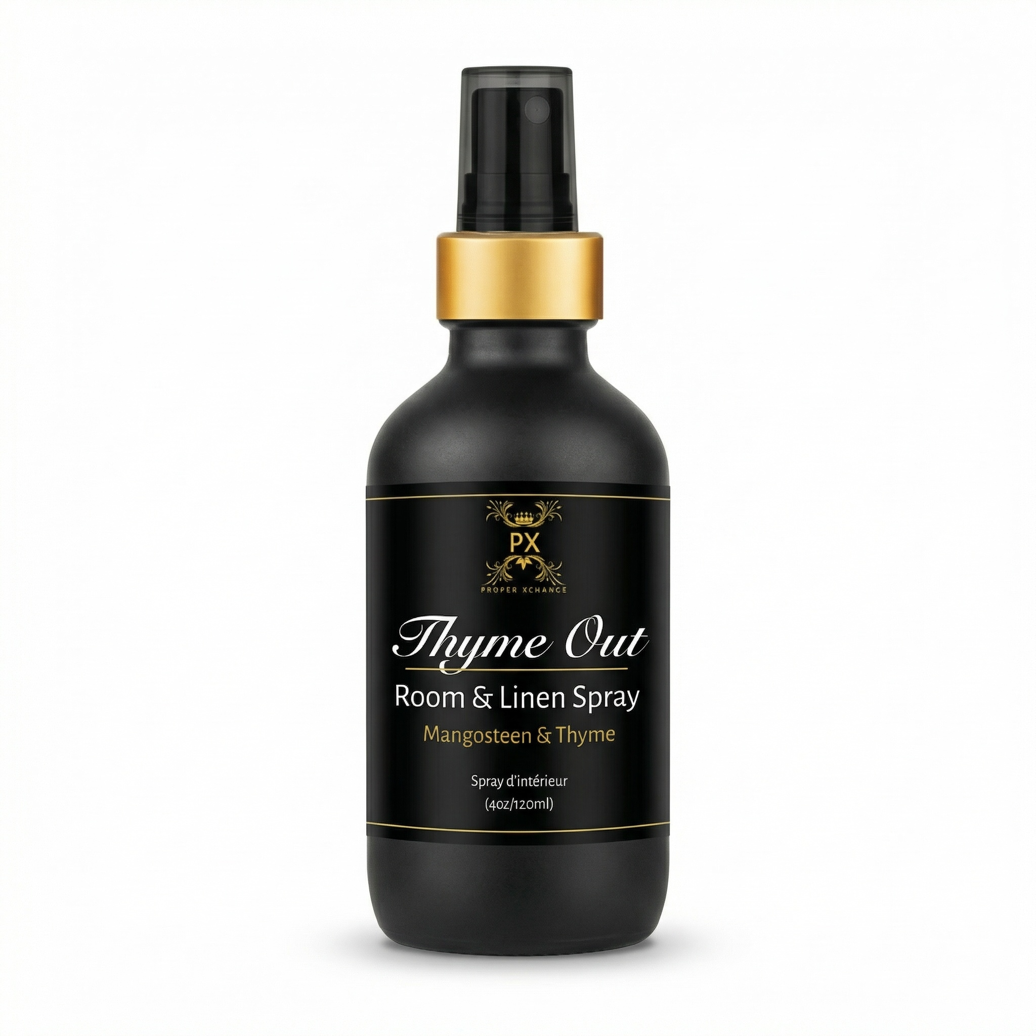 Black room and linen spray bottle with gold cap on a white background