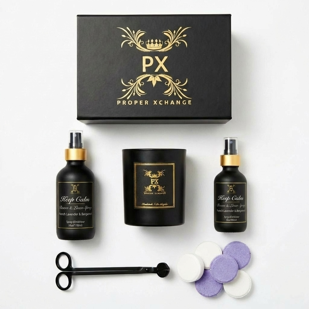 Grooming set with bottles, a candle, and accessories on a white background with 'PX Proper Xchange' branding.