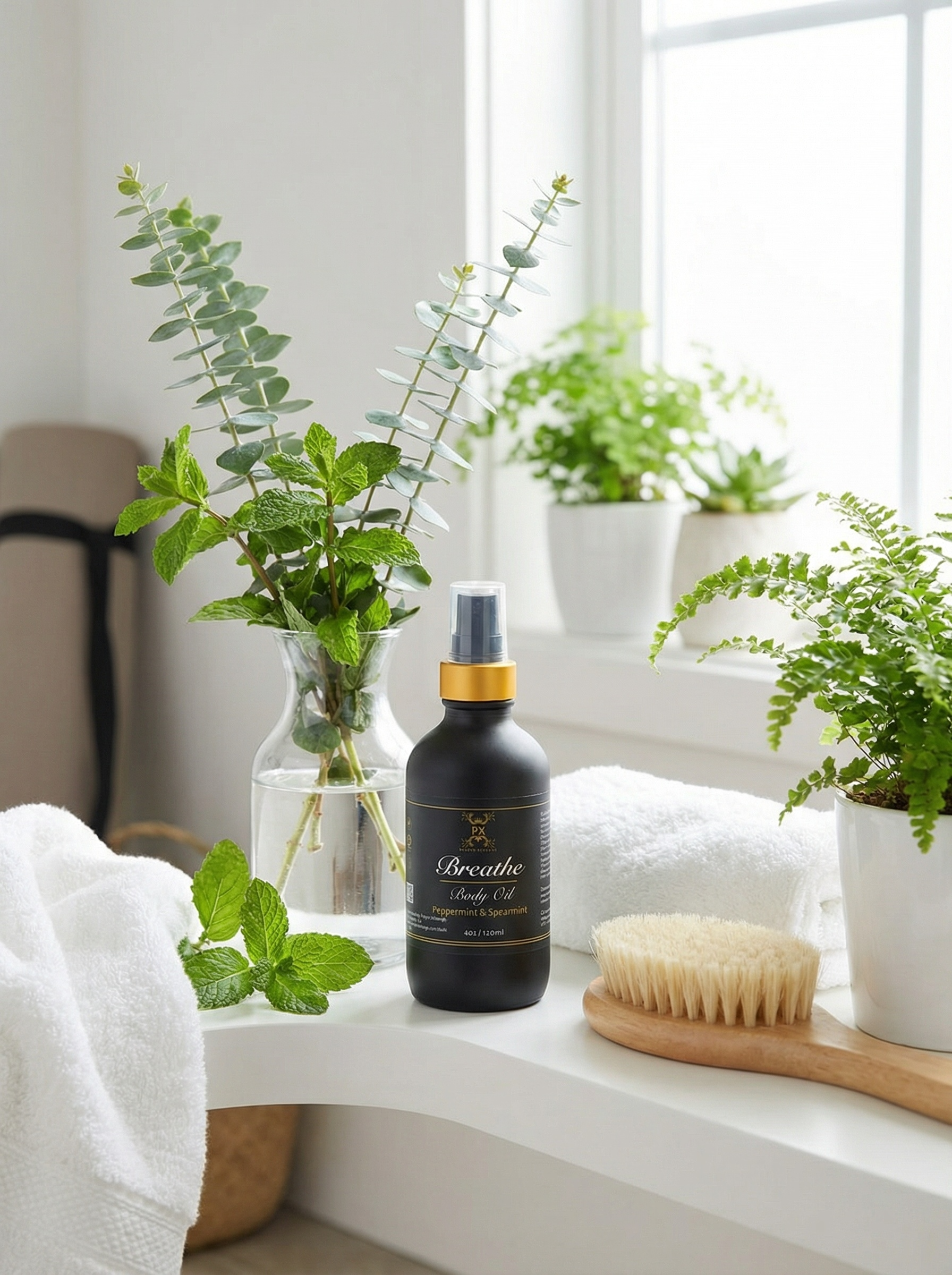 Bottle of 'Breathe' body oil on a windowsill with plants and towels