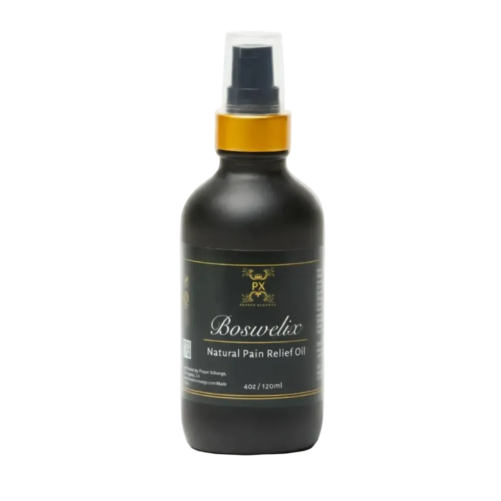Black bottle of Boswellia natural pain relief oil with gold cap on a white background