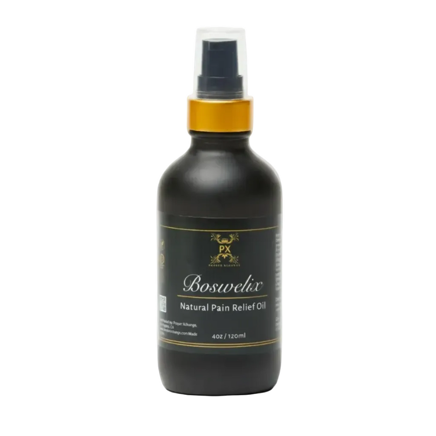 Black bottle of Boswellia natural pain relief oil with gold cap on a white background