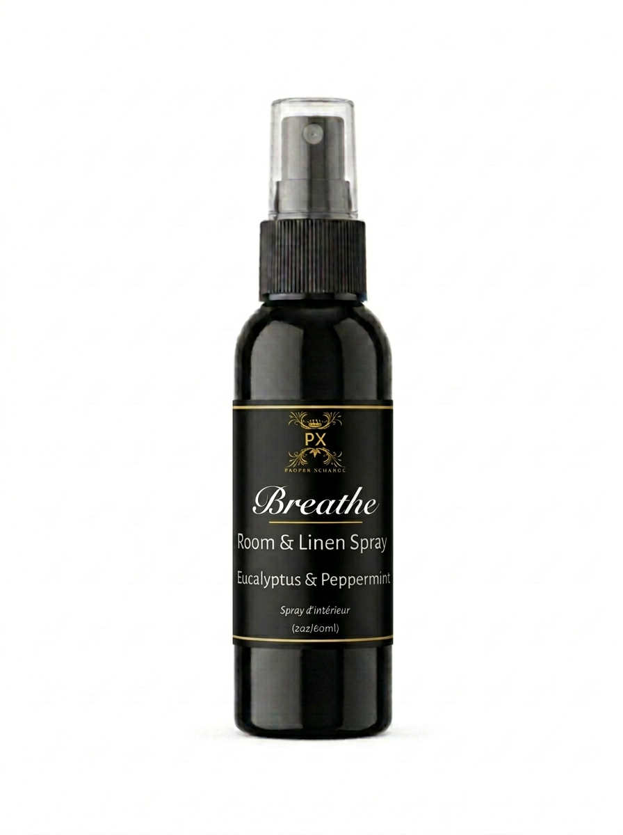 Black room and linen spray bottle with a label on a white background