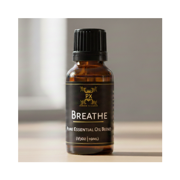 Bottle of 'Breathe' essential oil on a neutral background