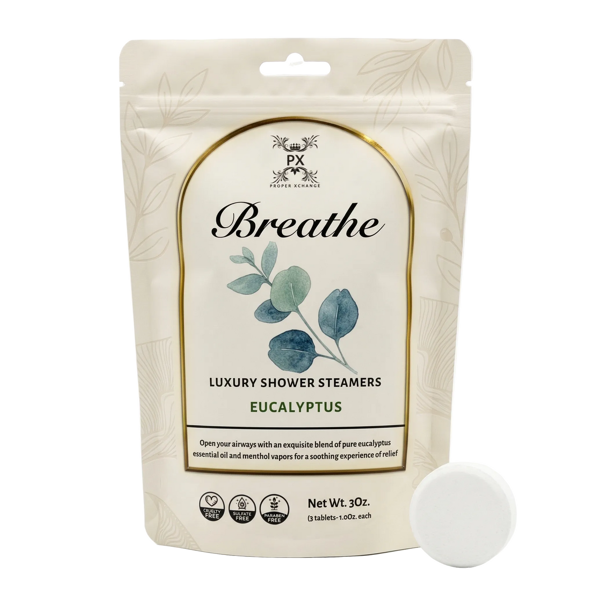 Packaging of Breathe luxury shower steamers with eucalyptus flavor on a white background.
