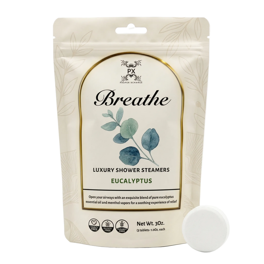 Packaging of Breathe luxury shower steamers with eucalyptus flavor on a white background.