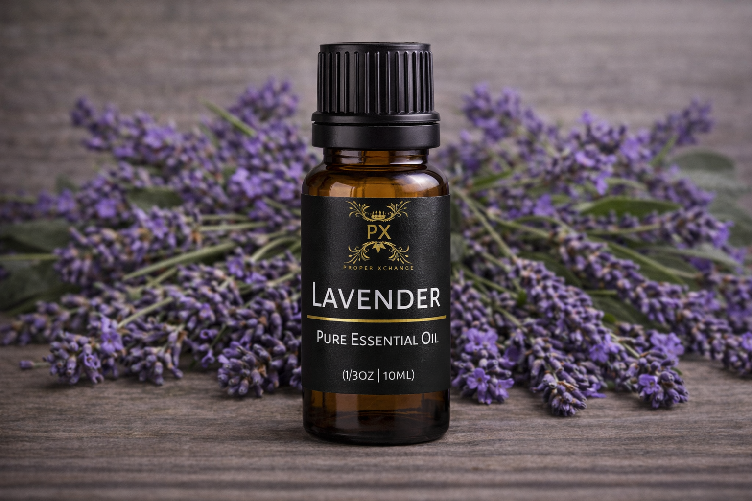 Bottle of lavender pure essential oil with lavender flowers on a wooden surface