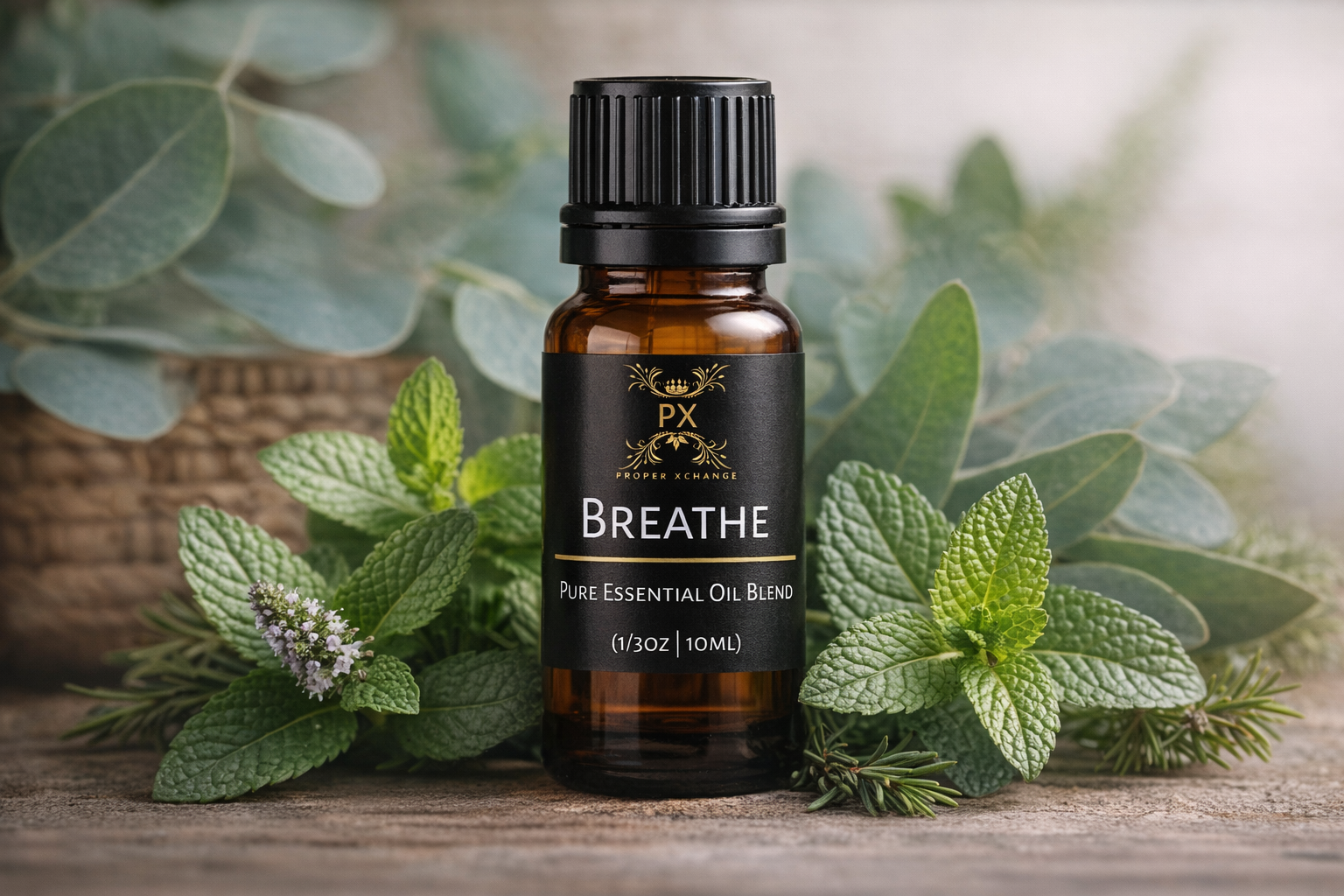 PX Breathe essential oil bottle surrounded by green leaves on a wooden surface