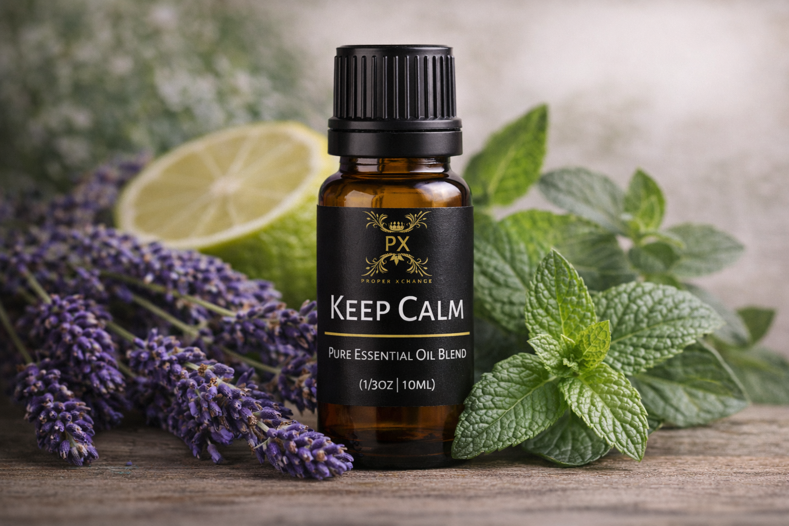 PX Essential Oils bottle labeled 'Keep Calm' with lavender, mint, and lime on a wooden surface.