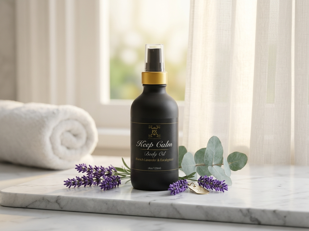 Black bottle of 'Keep Calm' body oil on a marble surface with lavender flowers and eucalyptus leaves.