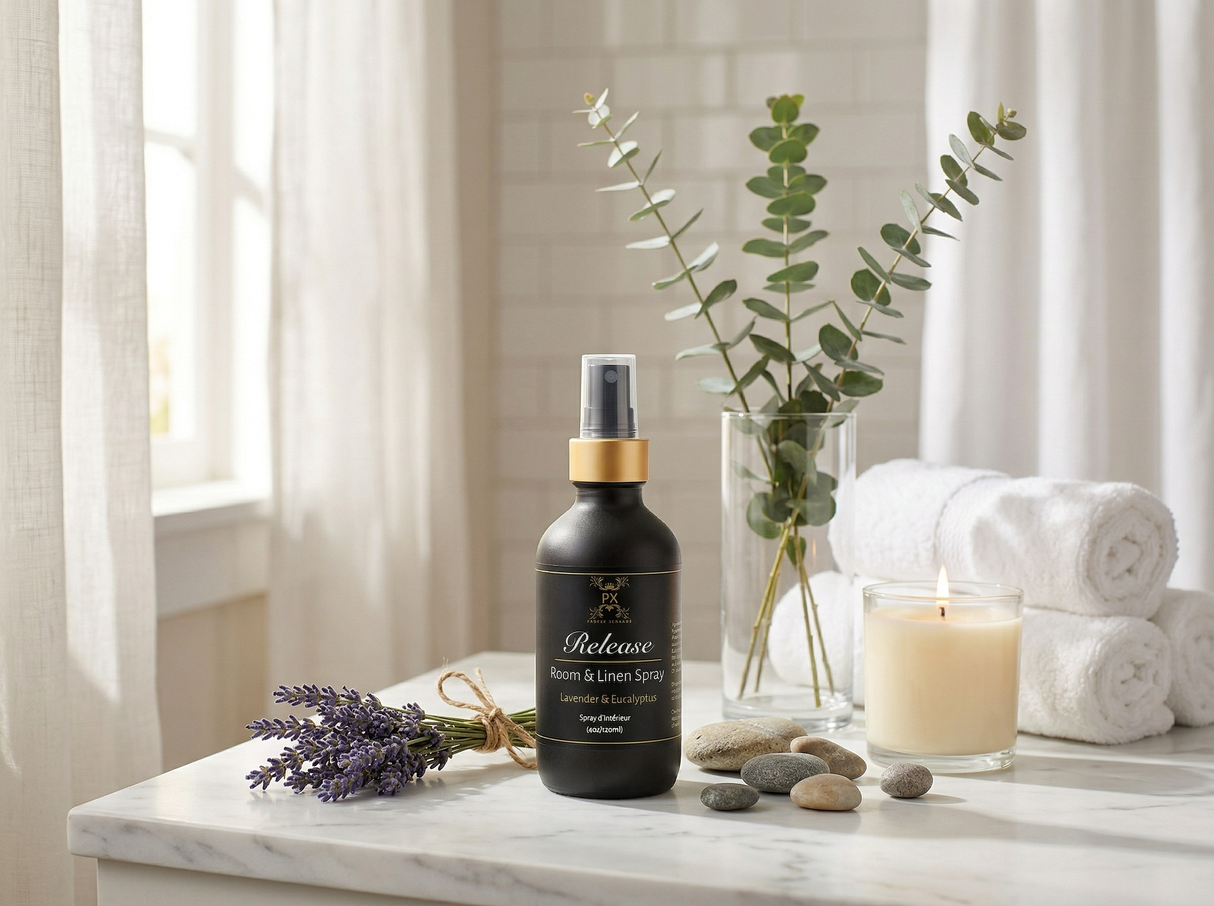Black bottle labeled 'Release' with gold cap on a marble surface with lavender, stones, and candles.