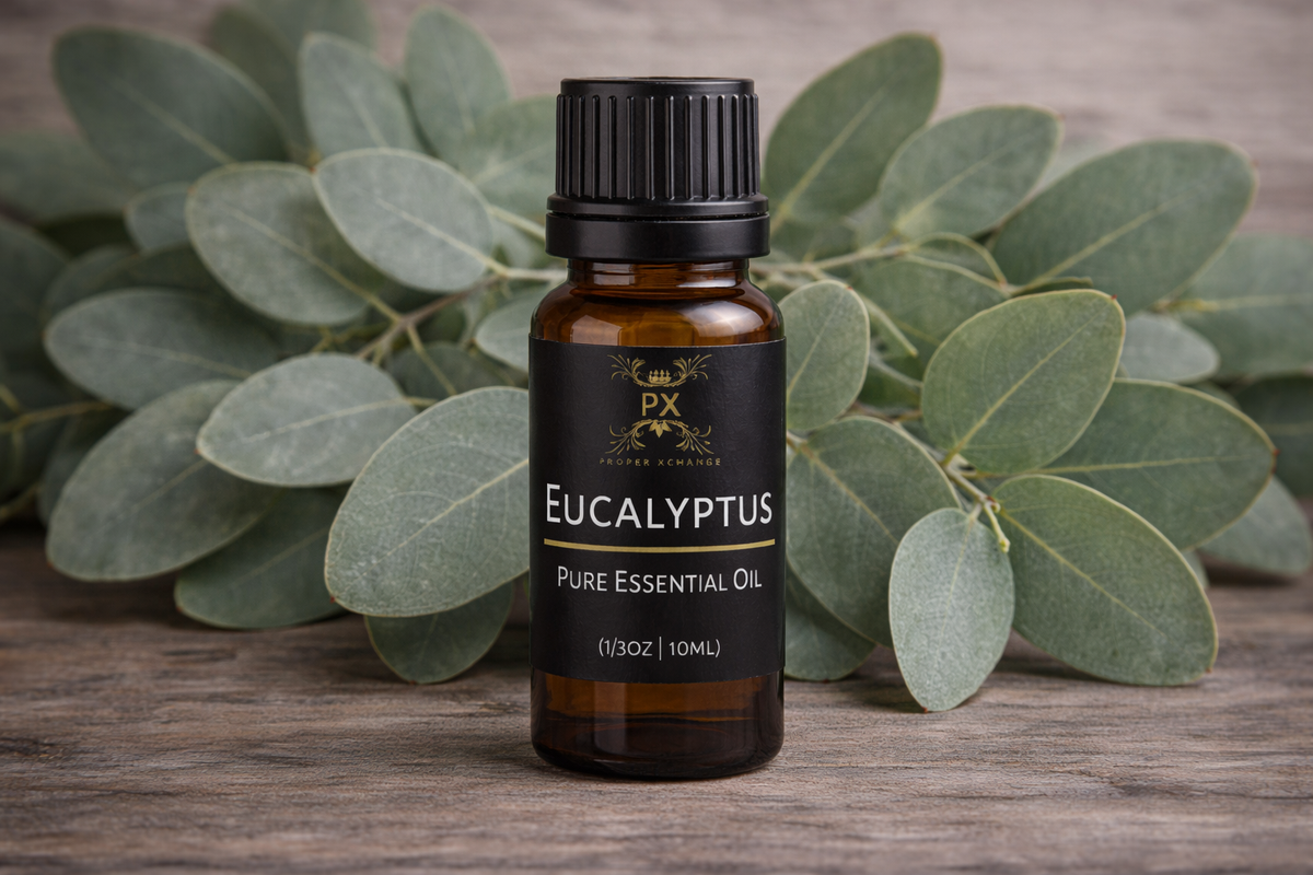 Bottle of PX Eucalyptus pure essential oil with eucalyptus leaves on a wooden surface