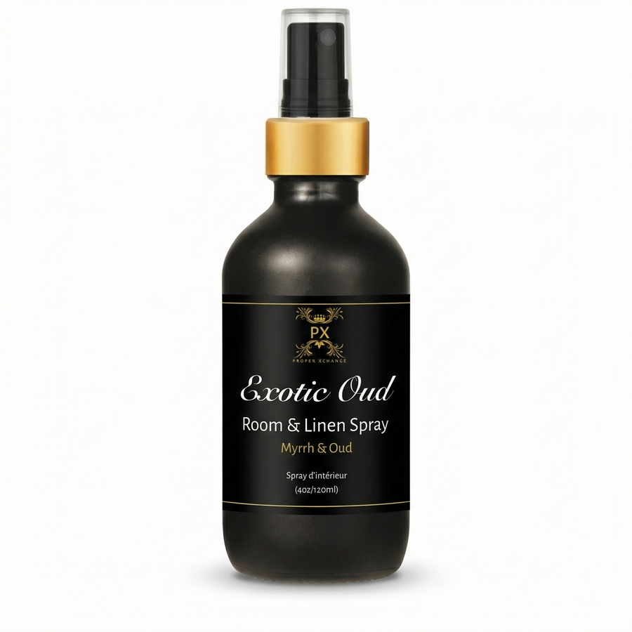 Black room and linen spray bottle with gold cap on a white background