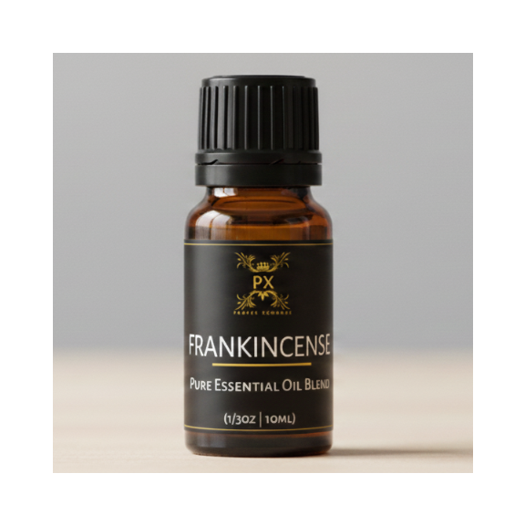 Bottle of Frankincense essential oil on a neutral background