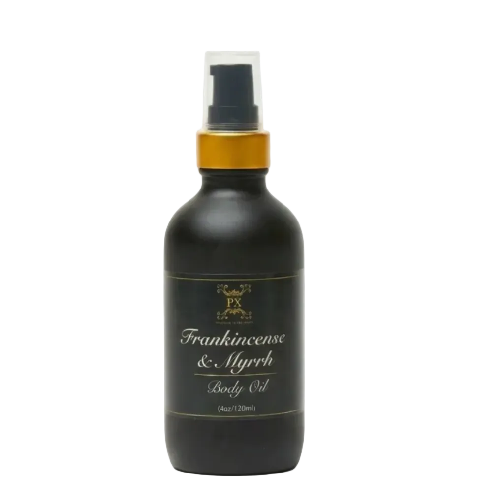 Black bottle of Frankincense & Myrrh body oil on a white background