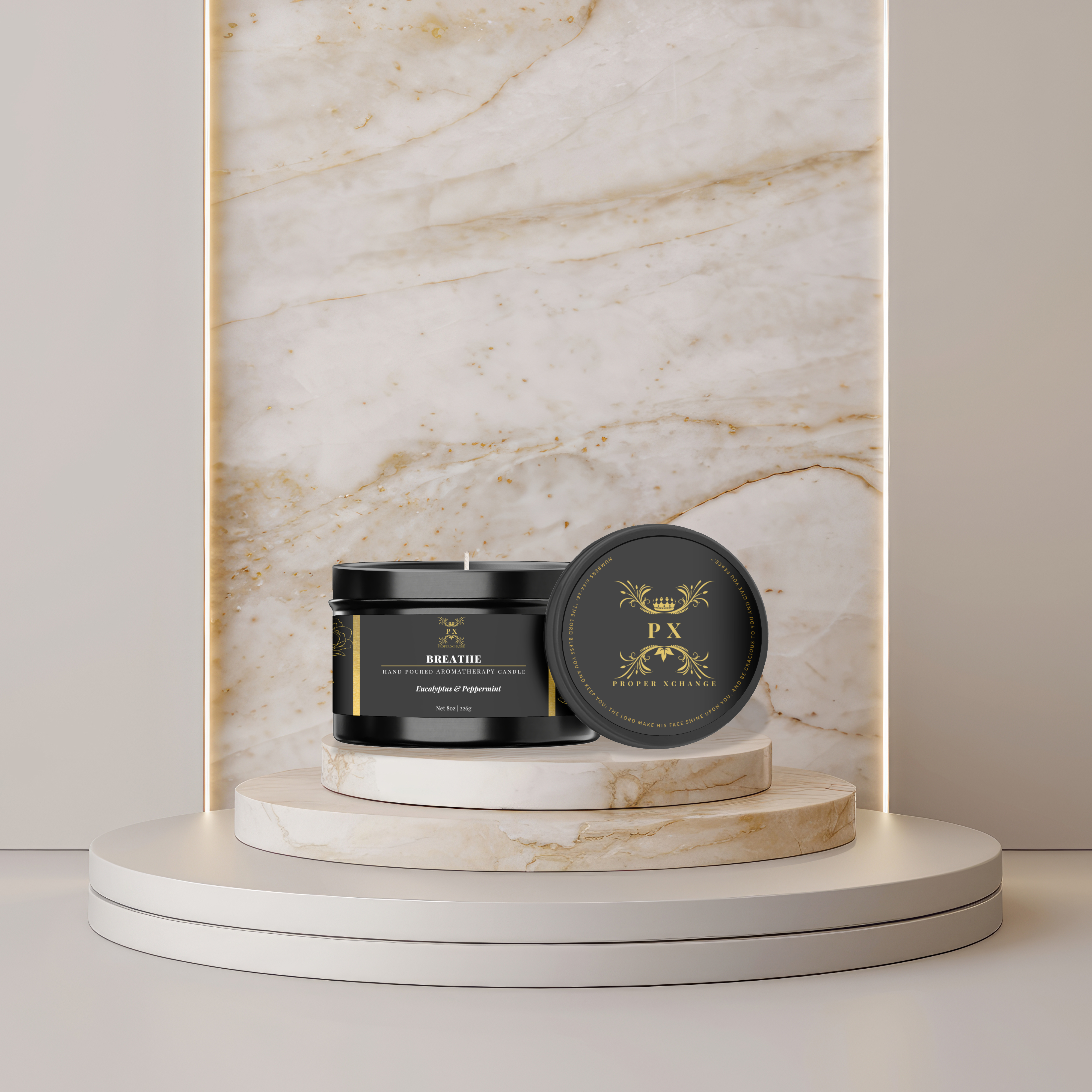 Black candle with decorative lid on a marble pedestal against a marble wall.