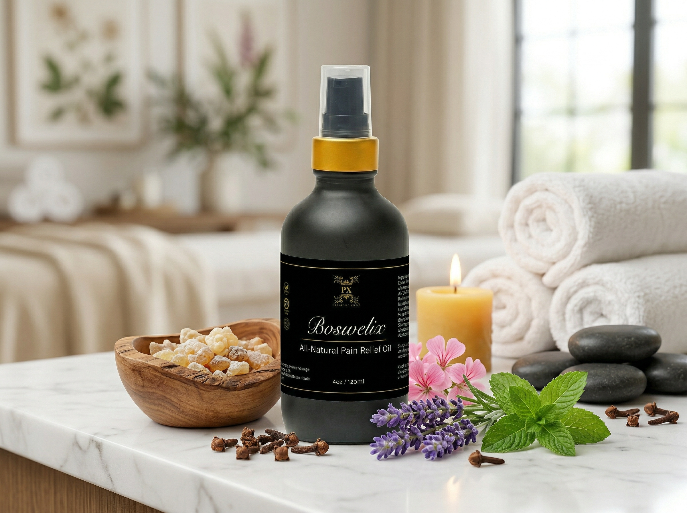 Boswellia oil bottle on a marble surface with candles, flowers, and stones in a spa-like setting.