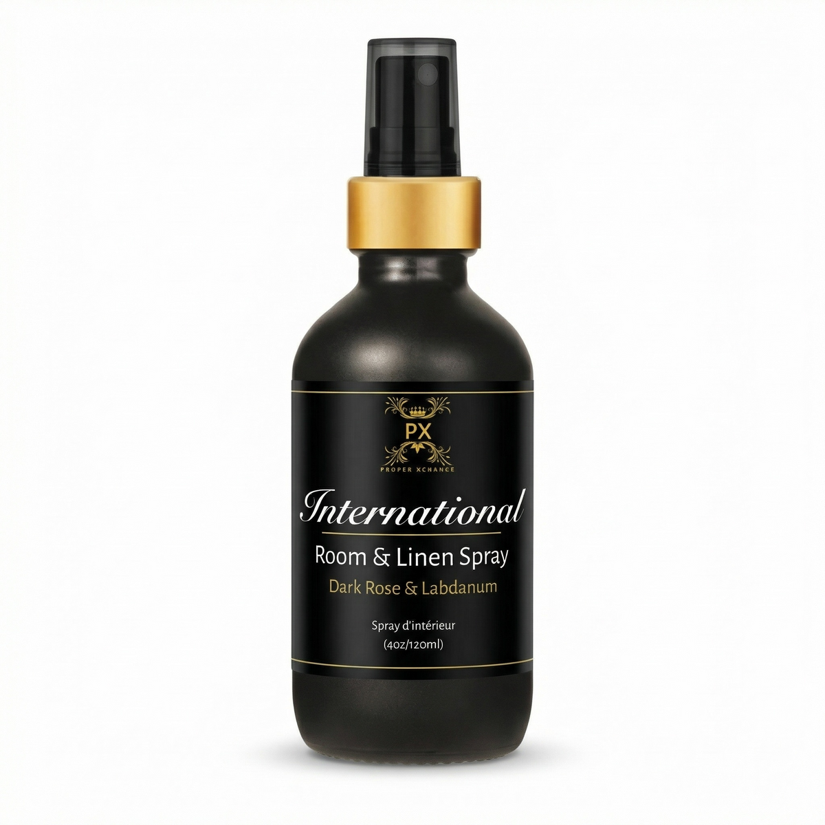 Black room and linen spray bottle with gold cap on a white background