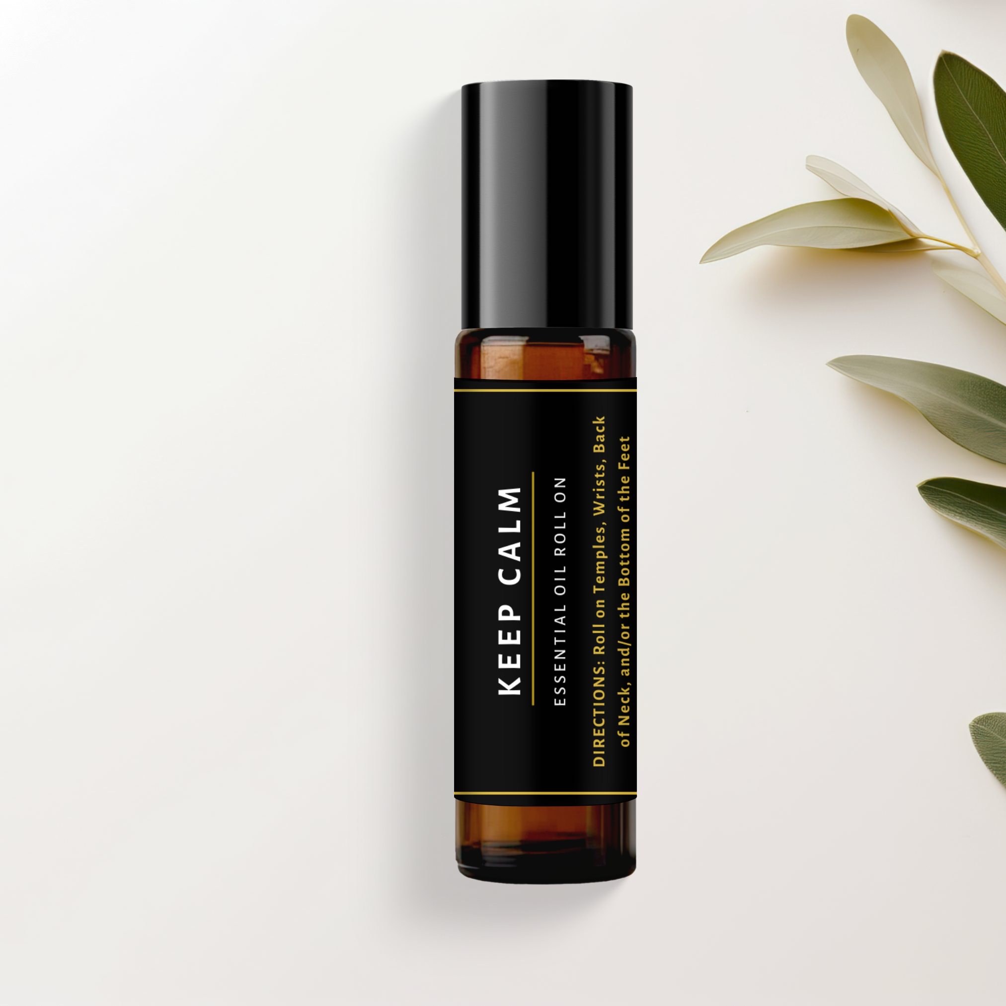 Roll-on bottle labeled 'Keep Calm' with olive leaves on a light background