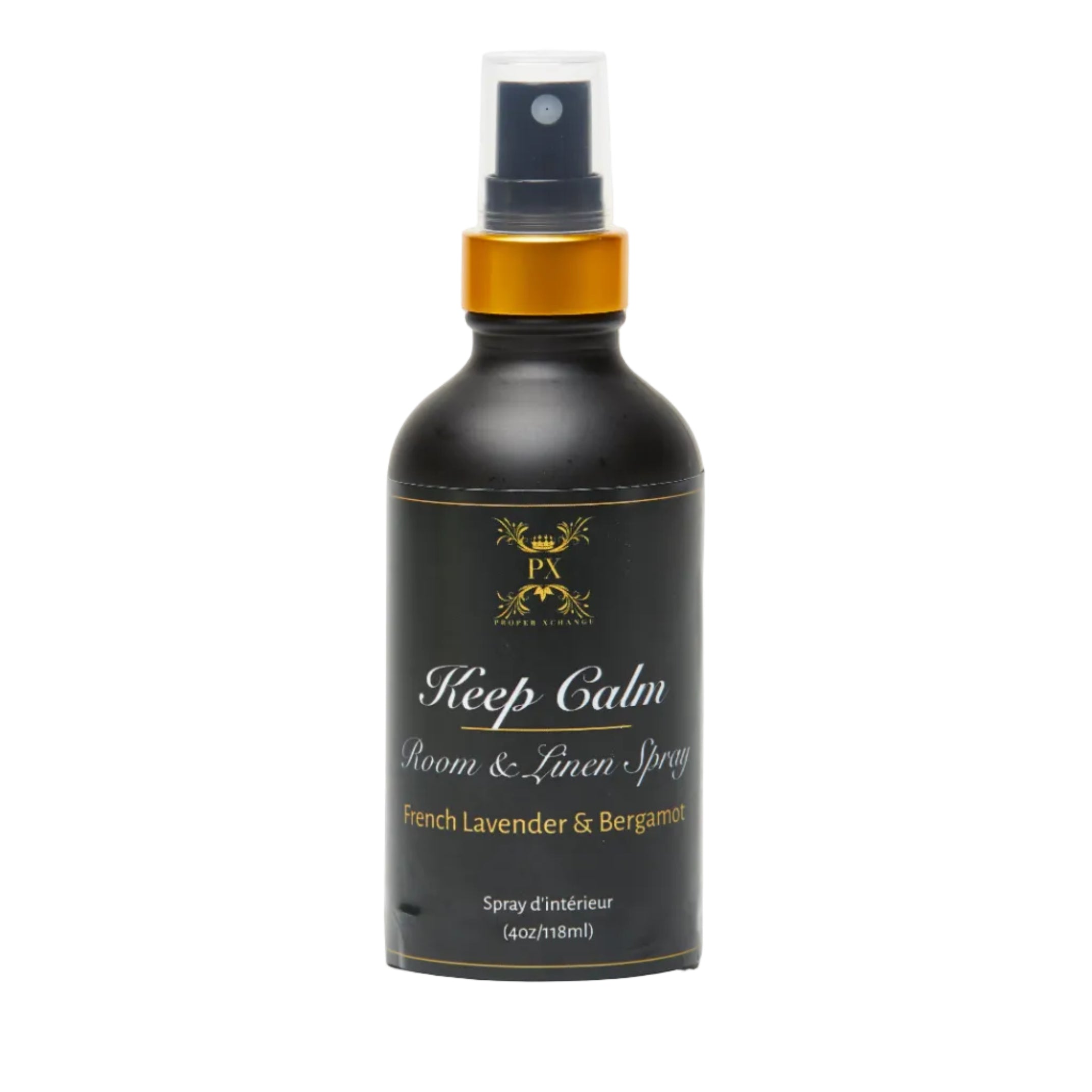 Aromatherapy Black room and linen spray bottle with gold accents on a white background