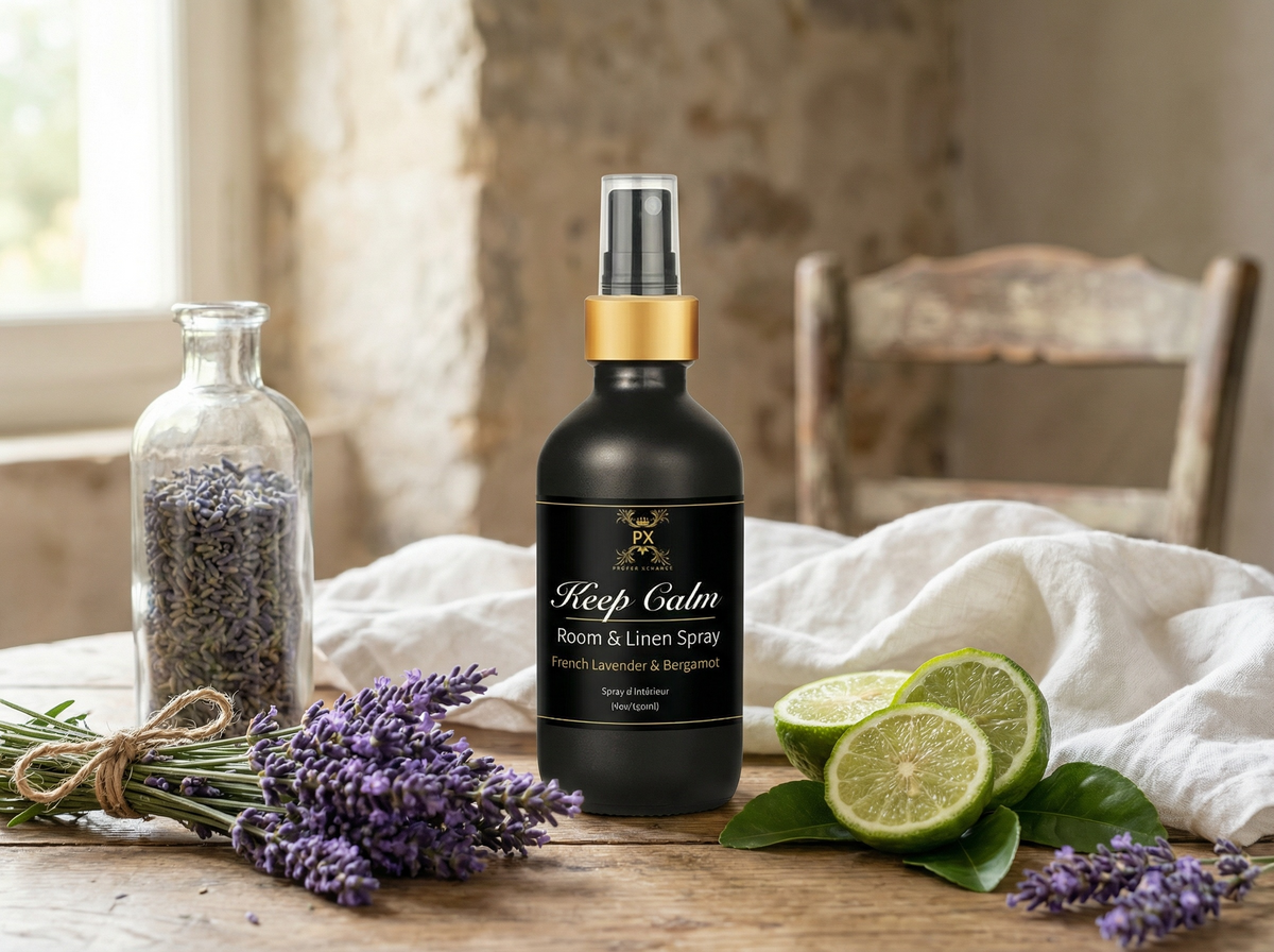 Bottle of 'Keep Calm' room & linen spray on a wooden table with lavender and lime slices.