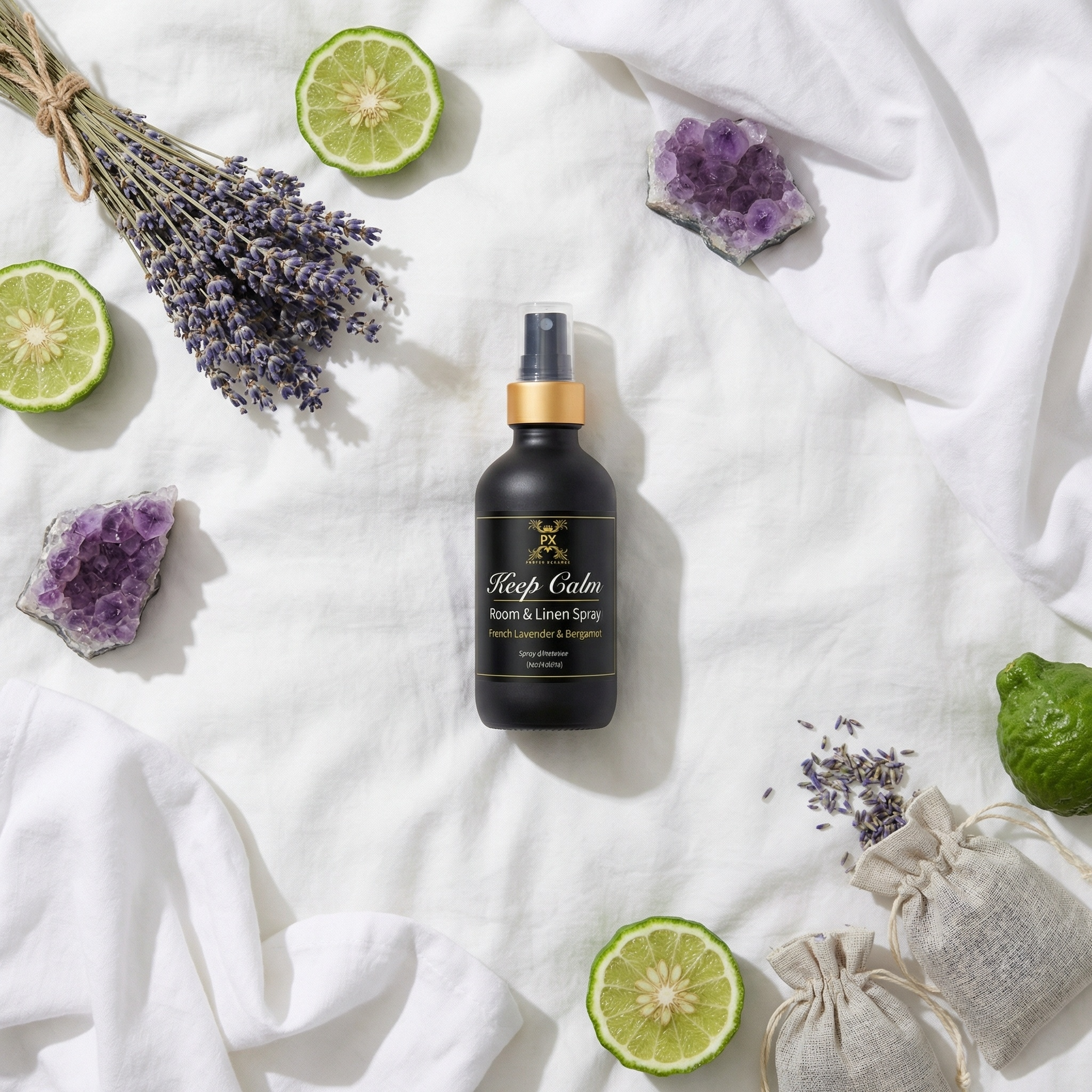 Black bottle labeled 'Keep Calm' surrounded by lavender, limes, and crystals on a white fabric background