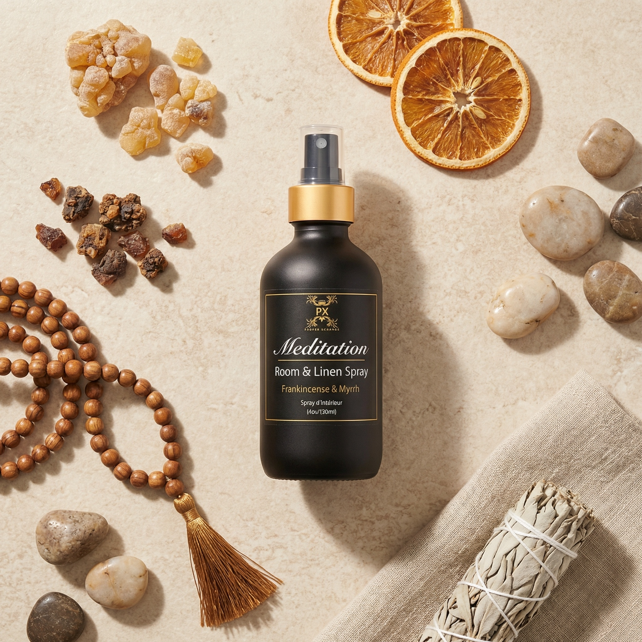 Black room spray bottle labeled 'Meditation' surrounded by stones, dried oranges, and a wooden beaded necklace on a beige surface.