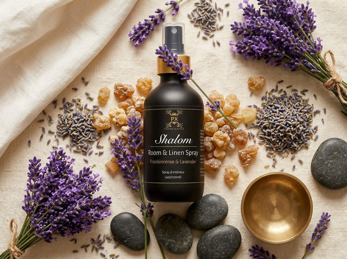 Shalom room & linen spray bottle surrounded by lavender flowers, stones, and a bowl on a light fabric background.