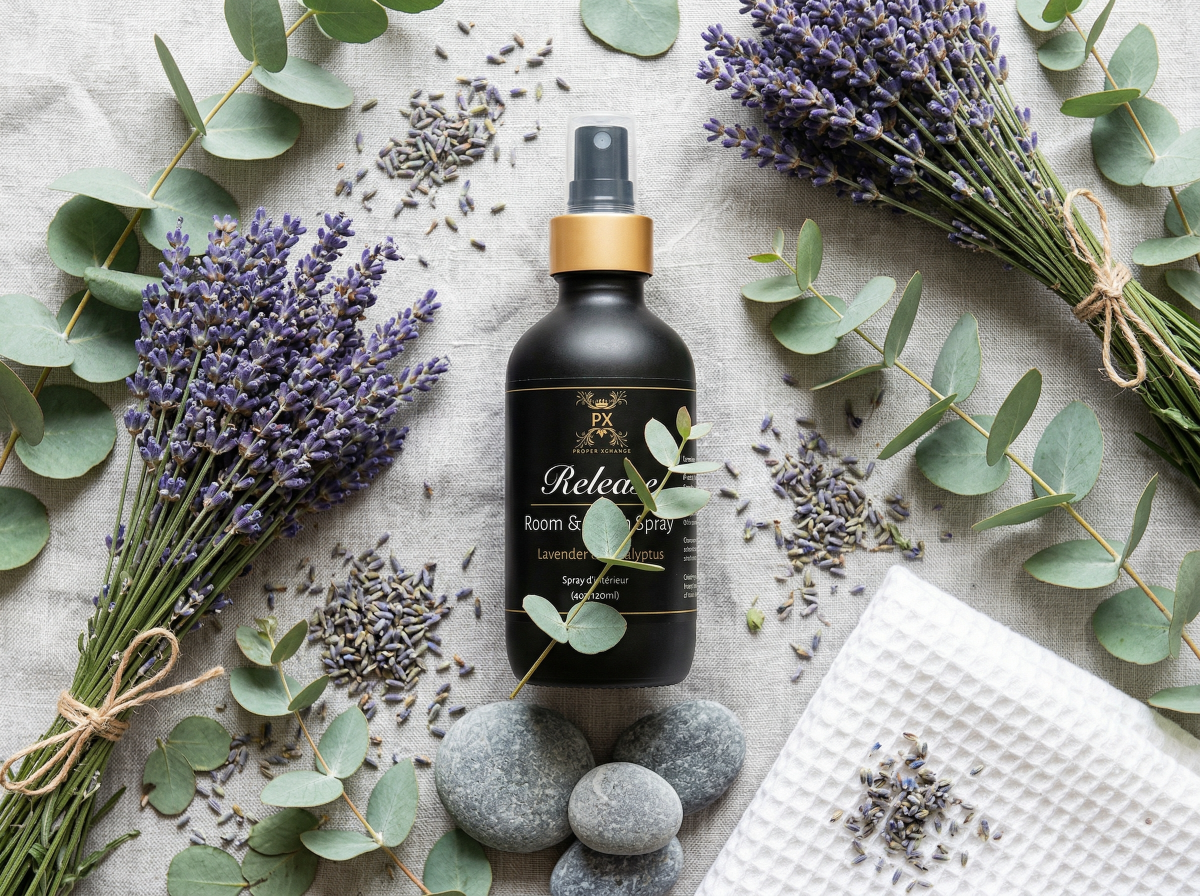 Black bottle of 'Relax' room & body spray surrounded by lavender flowers and eucalyptus leaves on a textured surface.