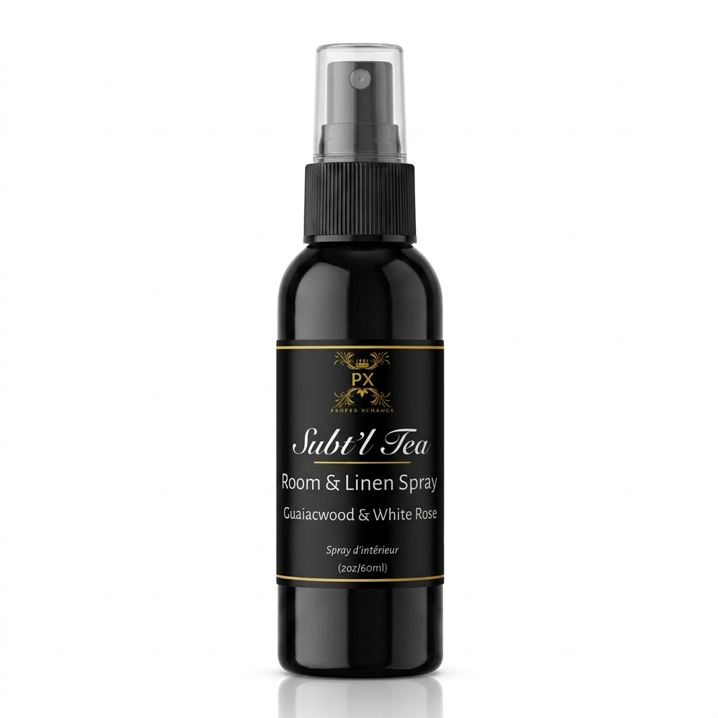 Black room and linen spray bottle with a white label on a white background