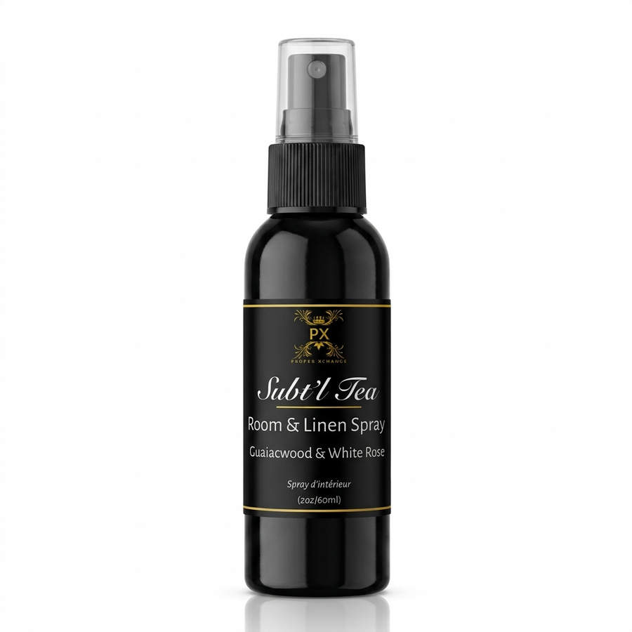 Black room and linen spray bottle with a white label on a white background