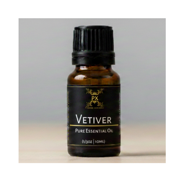 Bottle of PX Vetiver pure essential oil on a neutral background
