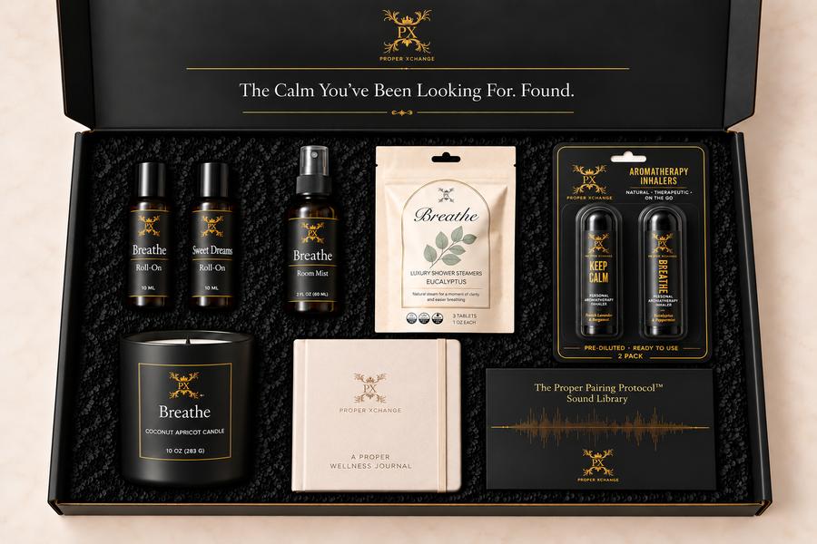 Breathe Executive gift set with two roll-ons, 10 oz candle, journal, sound library, three-pack shower steamers, mist and Keep Calm/Breathe inhaler duo