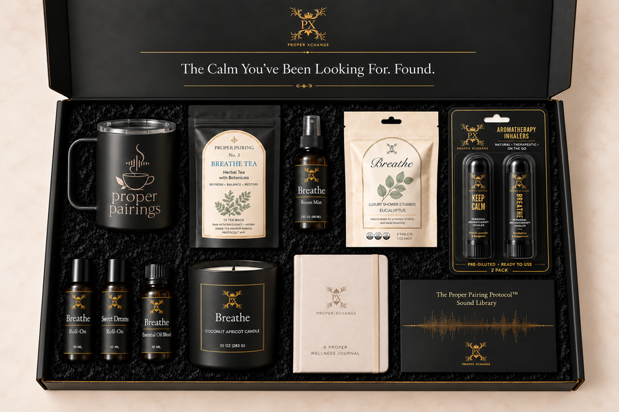 Breathe Signature gift set with Keep Calm and Breathe aromatherapy inhaler two-pack, mug, tea, candle and wellness products